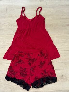 Soma Red Camisole and shorts with Black Floral Accent